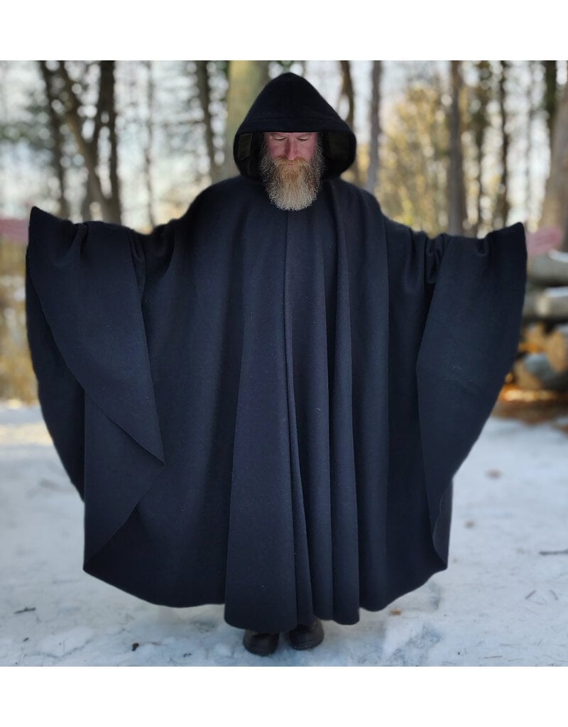 Cloakmakers.com 5893-Washable Black Wool Cloak w/ Olive Velvet Hood Lining & Triple Medallion Clasp