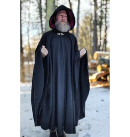Cloakmakers.com 5894-Washable Black Wool Cloak w/ Crimson Velvet Hood Lining & Triple Medallion Clasp