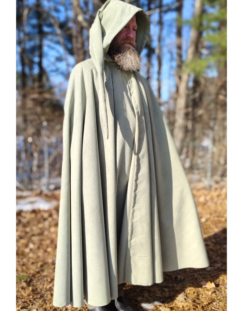 Cloakmakers.com 5896-Lichen Green Polyester Cloak w/ Long Liripipe Hood & Silver Tone Clasp