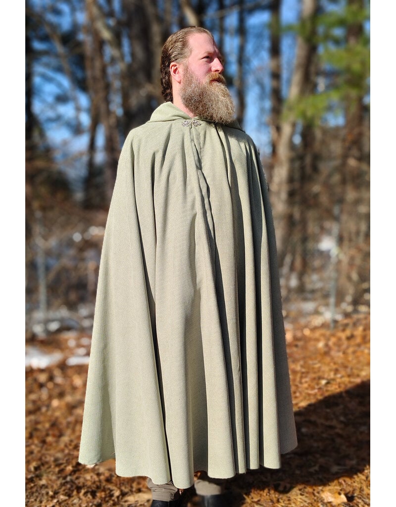 Cloakmakers.com 5896-Lichen Green Polyester Cloak w/ Long Liripipe Hood & Silver Tone Clasp