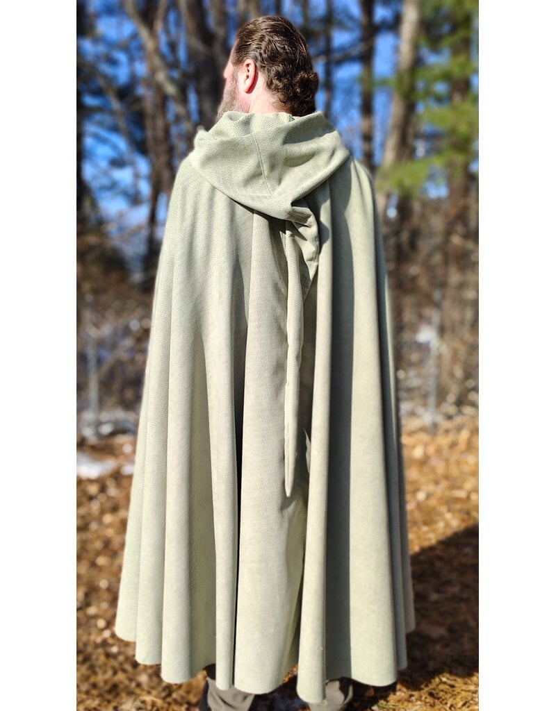 Cloakmakers.com 5896-Lichen Green Polyester Cloak w/ Long Liripipe Hood & Silver Tone Clasp