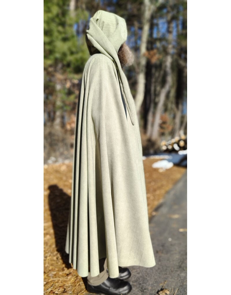 Cloakmakers.com 5896-Lichen Green Polyester Cloak w/ Long Liripipe Hood & Silver Tone Clasp