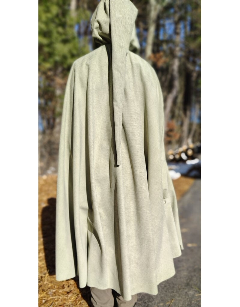 Cloakmakers.com 5896-Lichen Green Polyester Cloak w/ Long Liripipe Hood & Silver Tone Clasp