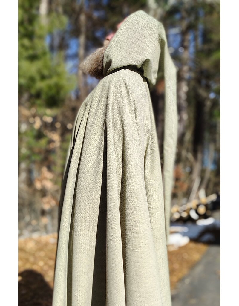 Cloakmakers.com 5896-Lichen Green Polyester Cloak w/ Long Liripipe Hood & Silver Tone Clasp