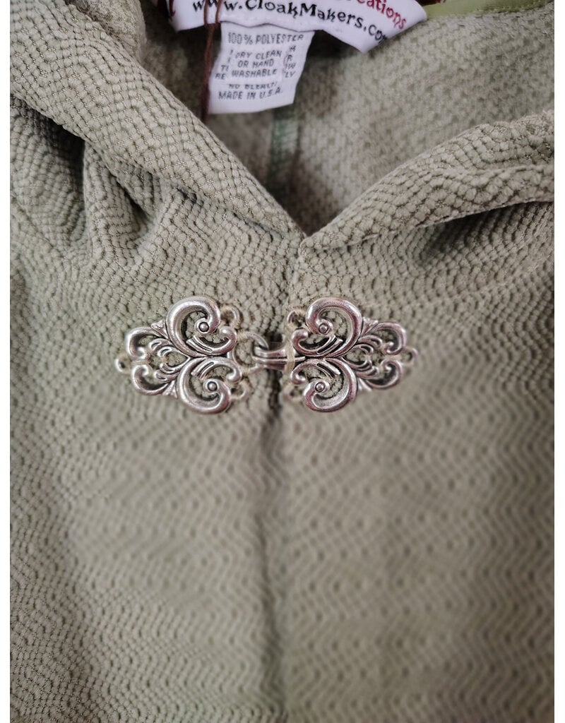 Cloakmakers.com 5896-Lichen Green Polyester Cloak w/ Long Liripipe Hood & Silver Tone Clasp