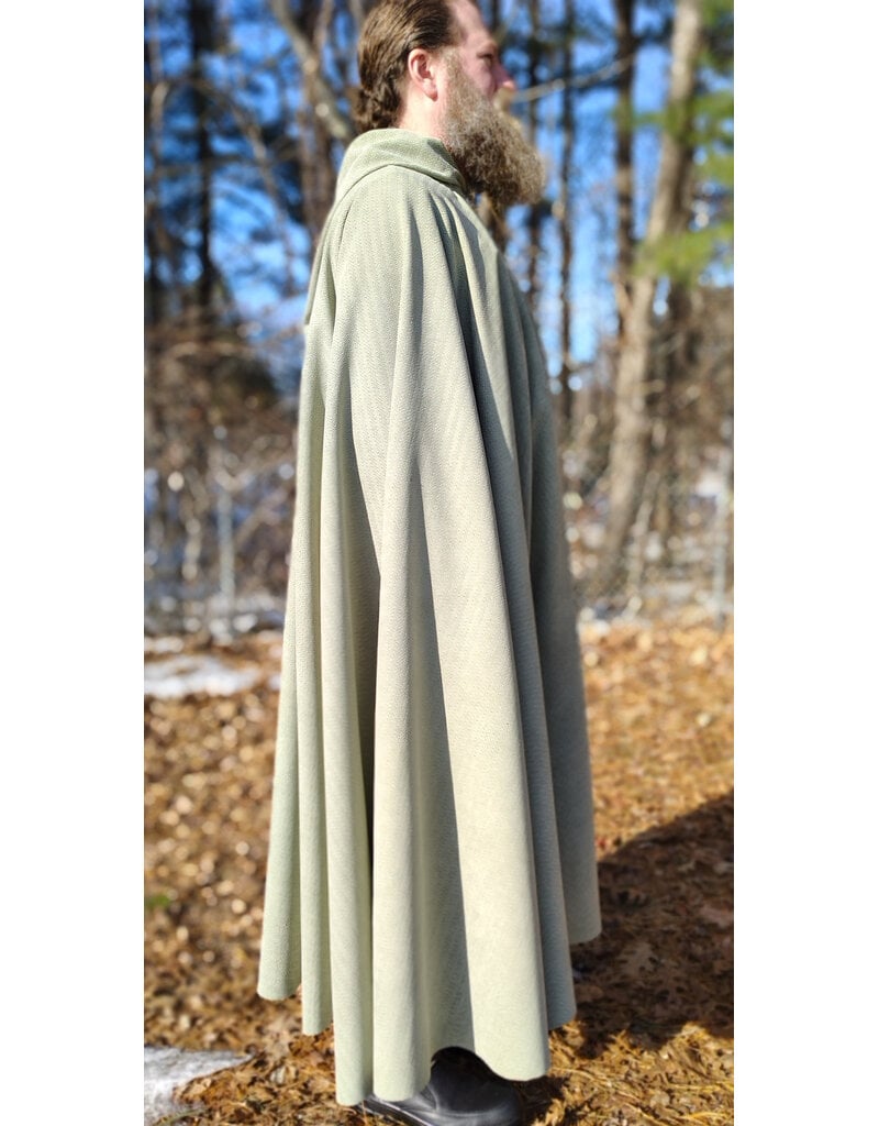 Cloakmakers.com 5896-Lichen Green Polyester Cloak w/ Long Liripipe Hood & Silver Tone Clasp