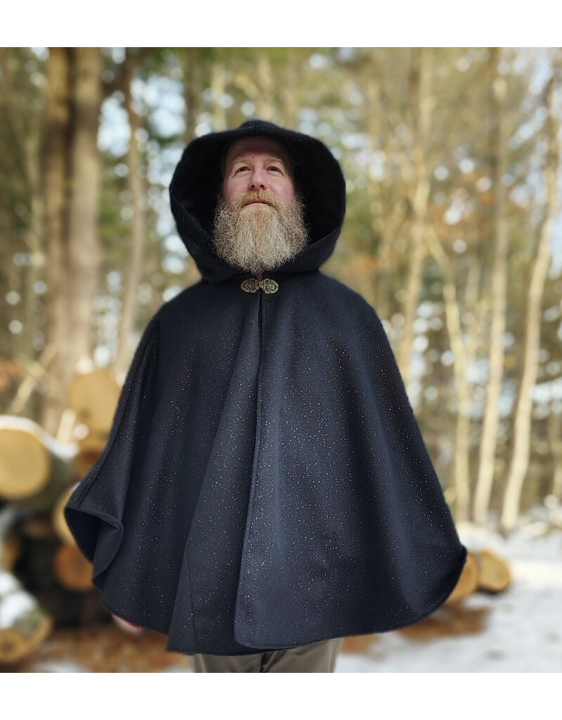 Cloakmakers.com 5898-Black Wool Blend Cloak w/ Flecks Of Gold & Gothic Rose Clasp