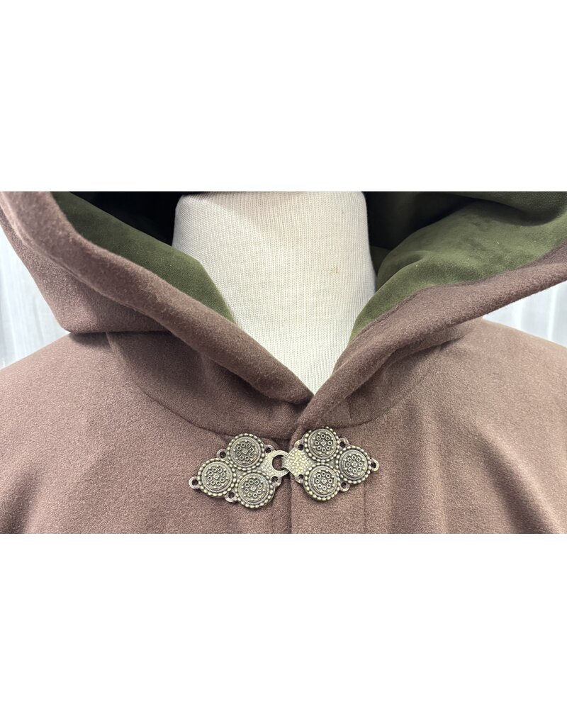 Cloakmakers.com 5563-Washable Faux Wool Brown Cloak w/ Green Velvet Hood Lining W/ Bronze Medallion Clasp