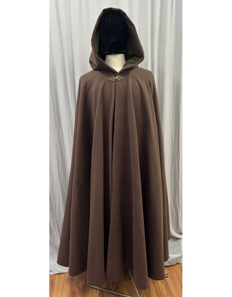 Cloakmakers.com 5563-Washable Faux Wool Brown Cloak w/ Green Velvet Hood Lining W/ Bronze Medallion Clasp