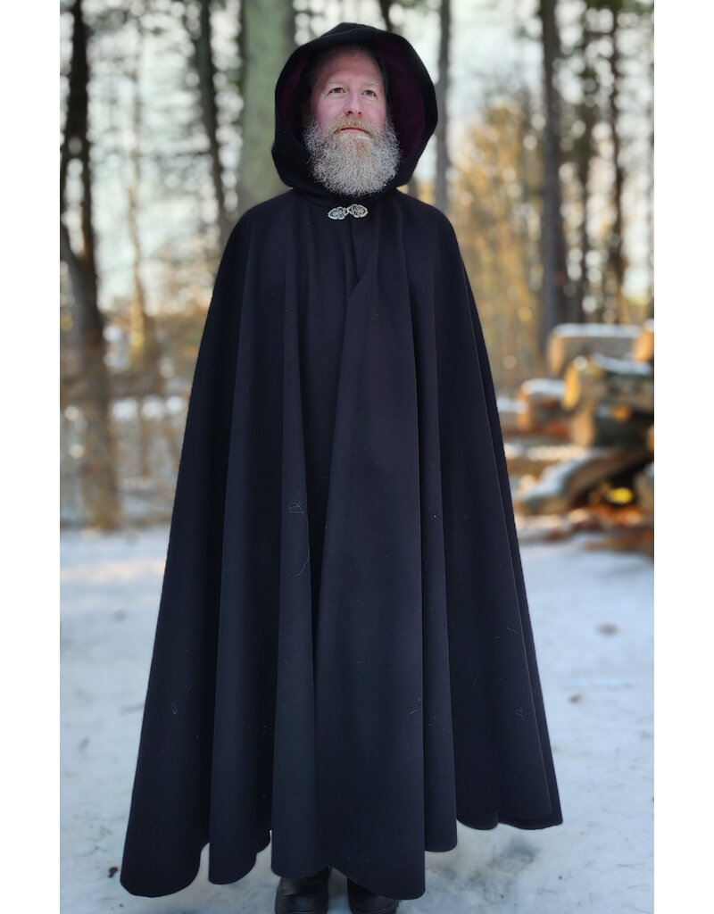 Cloakmakers.com 5899-Black Wool Blend Cloak w/ Dark Magenta Hood Lining & Gothic Rose Clasp