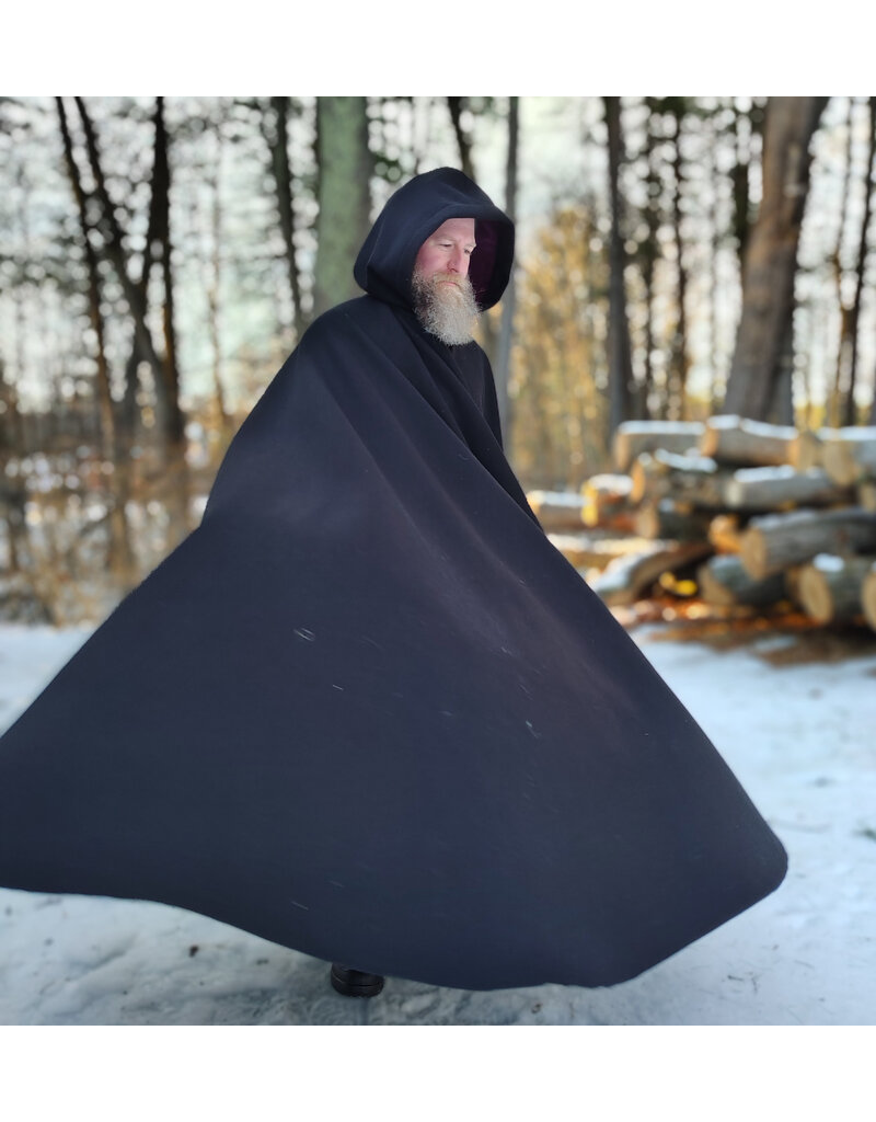 Cloakmakers.com 5899-Black Wool Blend Cloak w/ Dark Magenta Hood Lining & Gothic Rose Clasp