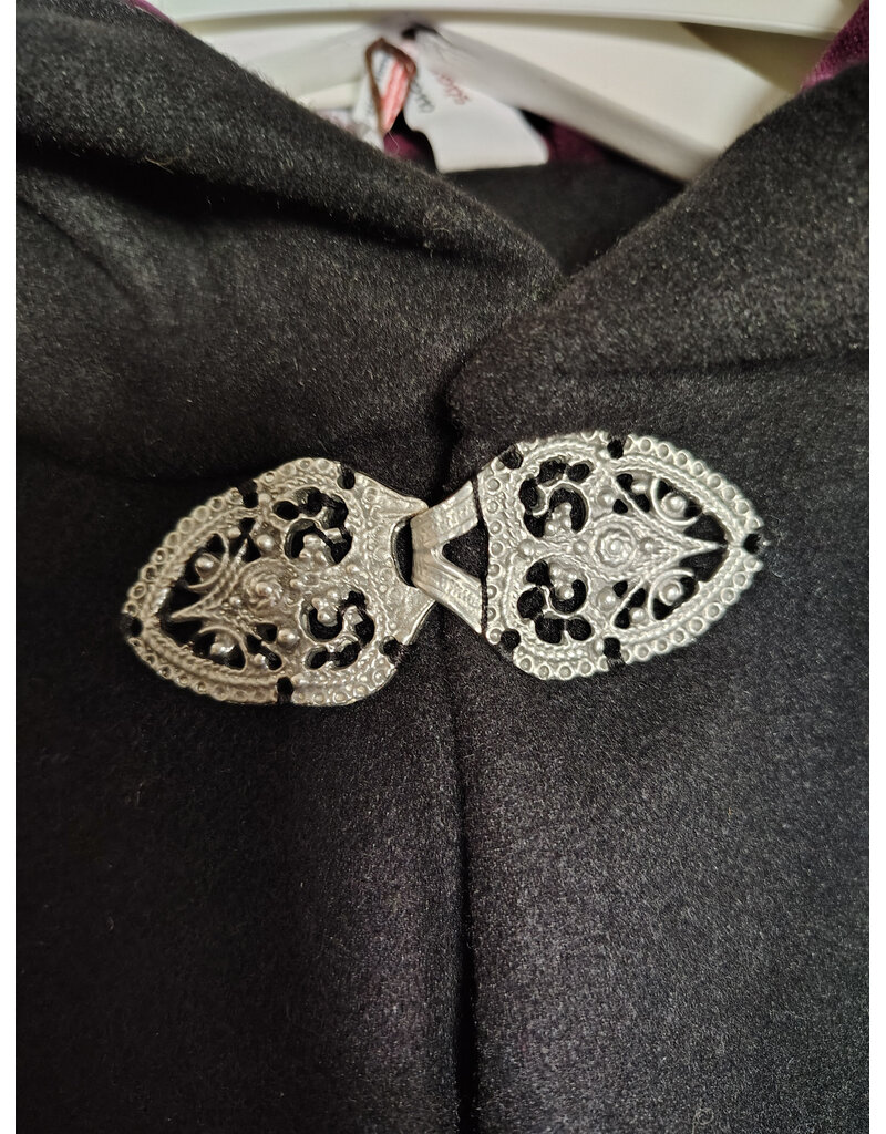 Cloakmakers.com 5899-Black Wool Blend Cloak w/ Dark Magenta Hood Lining & Gothic Rose Clasp