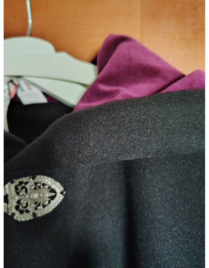 Cloakmakers.com 5899-Black Wool Blend Cloak w/ Dark Magenta Hood Lining & Gothic Rose Clasp