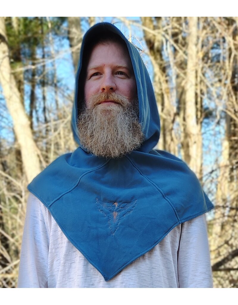 Cloakmakers.com H550-Washable Light Blue Fleece Hooded Cowl w/ Orange Phoenix Embroidery