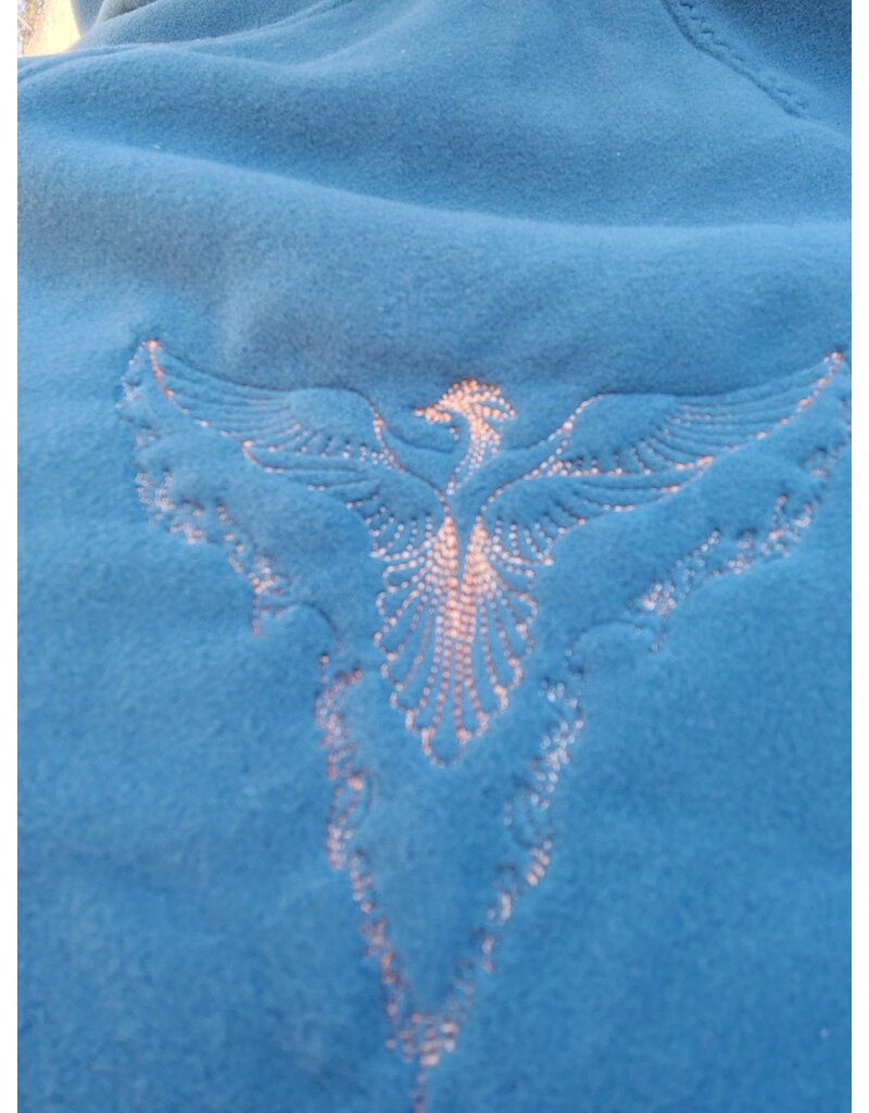 Cloakmakers.com H550-Washable Light Blue Fleece Hooded Cowl w/ Orange Phoenix Embroidery