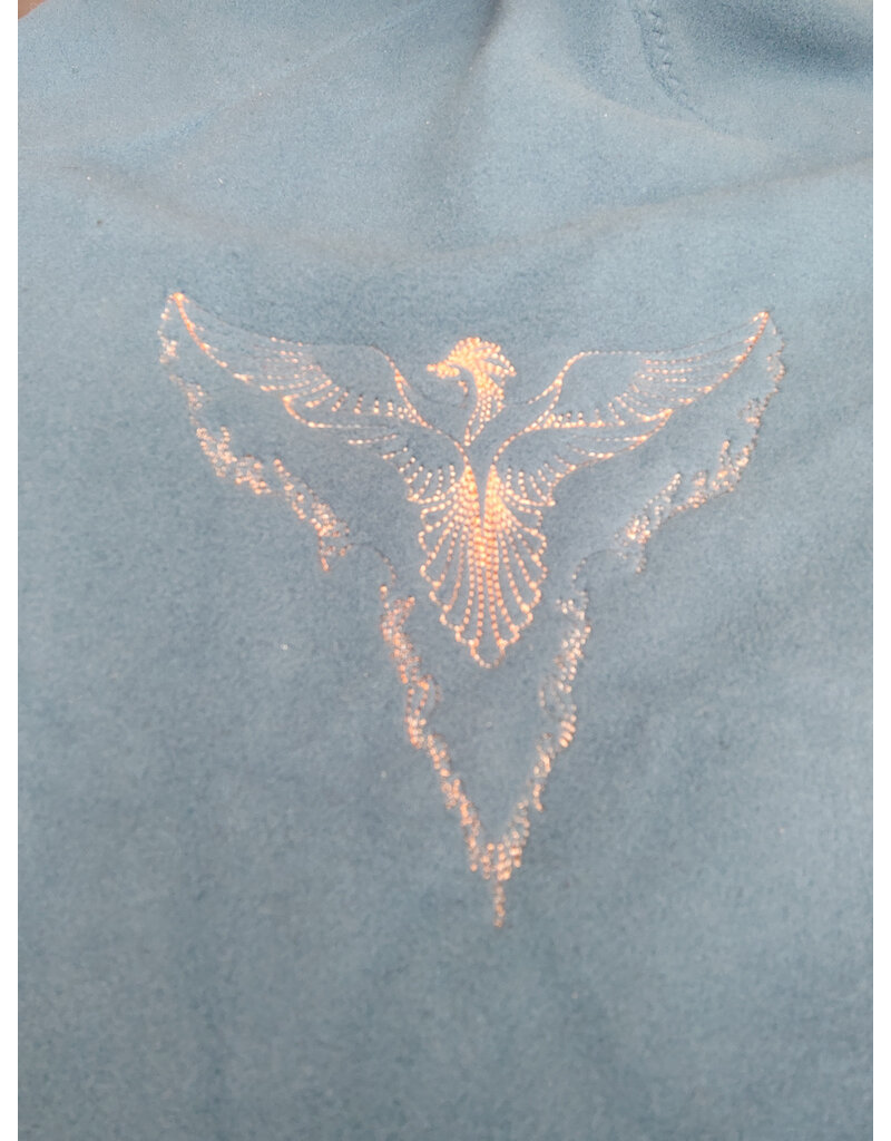 Cloakmakers.com H550-Washable Light Blue Fleece Hooded Cowl w/ Orange Phoenix Embroidery