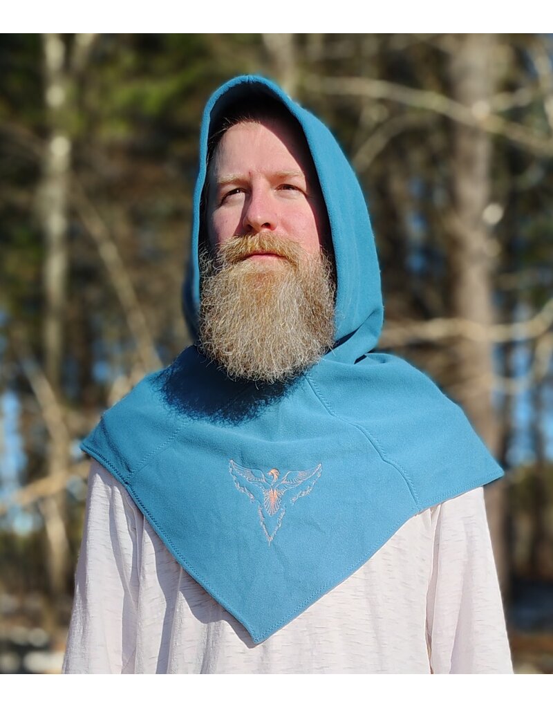 Cloakmakers.com H550-Washable Light Blue Fleece Hooded Cowl w/ Orange Phoenix Embroidery