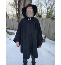 Cloakmakers.com 5902-Black Wool Blend Ruana Cloak w/ Black Velvet Hood Lining & Triple Medallion Clasp
