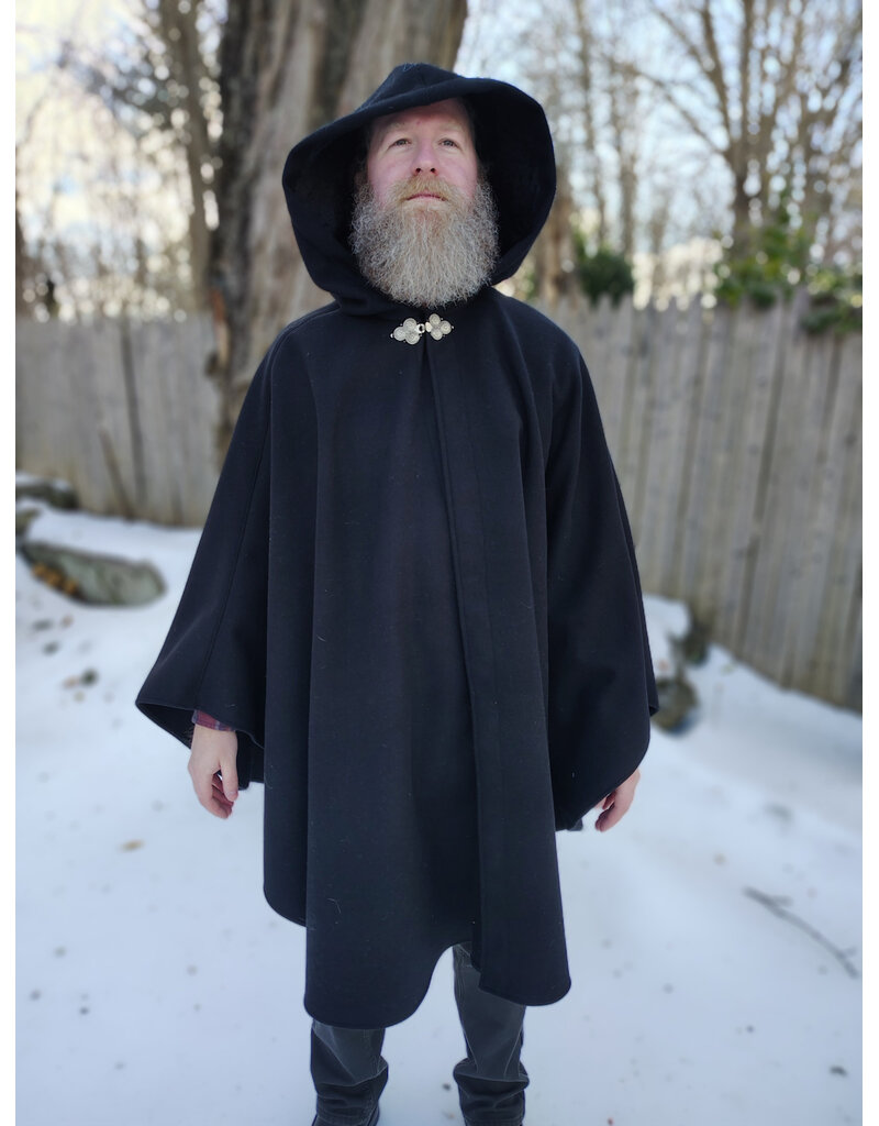 Cloakmakers.com 5902-Black Wool Blend Ruana Cloak w/ Black Velvet Hood Lining & Triple Medallion Clasp