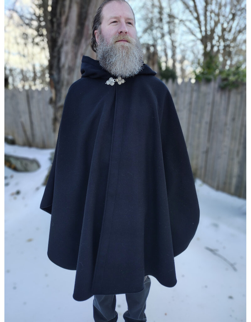 Cloakmakers.com 5902-Black Wool Blend Ruana Cloak w/ Black Velvet Hood Lining & Triple Medallion Clasp