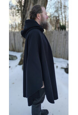 Cloakmakers.com 5902-Black Wool Blend Ruana Cloak w/ Black Velvet Hood Lining & Triple Medallion Clasp