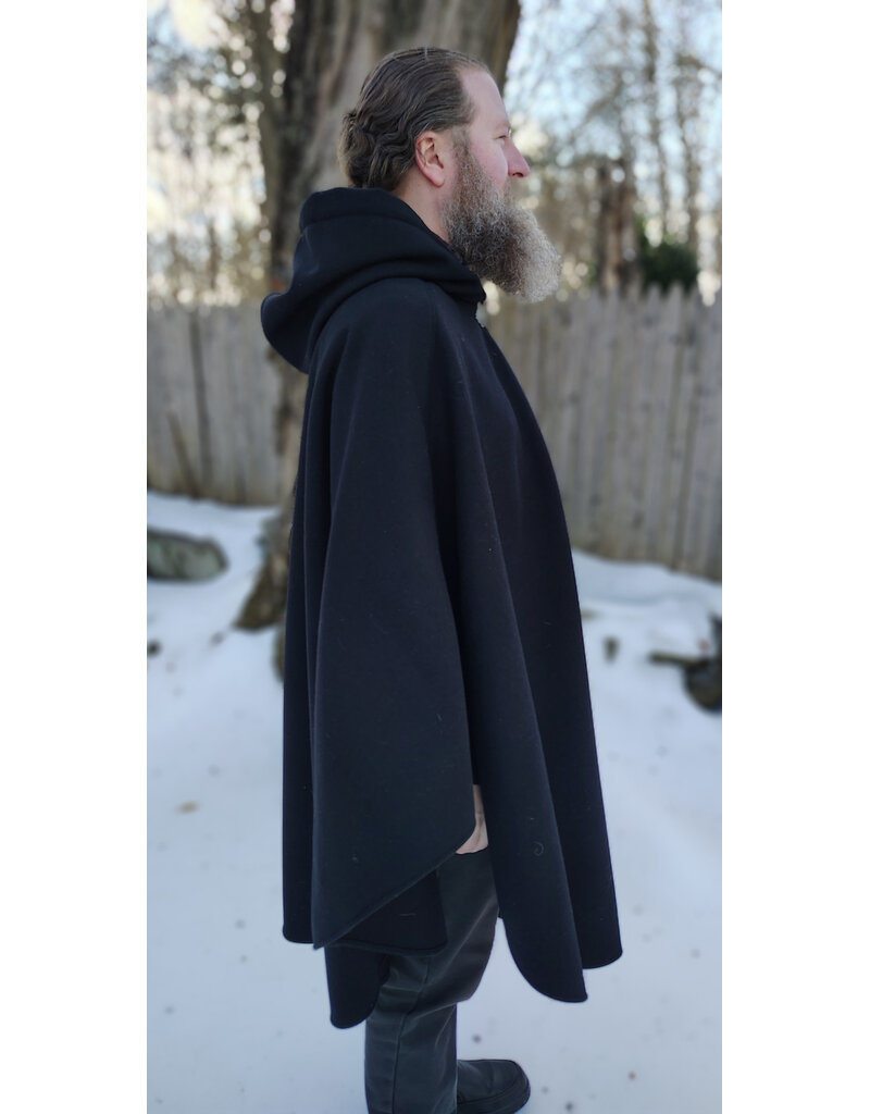 Cloakmakers.com 5902-Black Wool Blend Ruana Cloak w/ Black Velvet Hood Lining & Triple Medallion Clasp