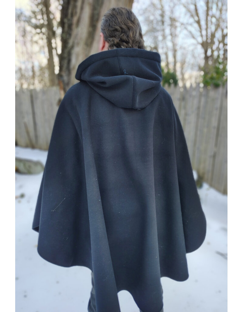 Cloakmakers.com 5902-Black Wool Blend Ruana Cloak w/ Black Velvet Hood Lining & Triple Medallion Clasp