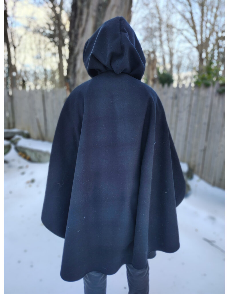 Cloakmakers.com 5902-Black Wool Blend Ruana Cloak w/ Black Velvet Hood Lining & Triple Medallion Clasp