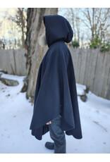Cloakmakers.com 5902-Black Wool Blend Ruana Cloak w/ Black Velvet Hood Lining & Triple Medallion Clasp