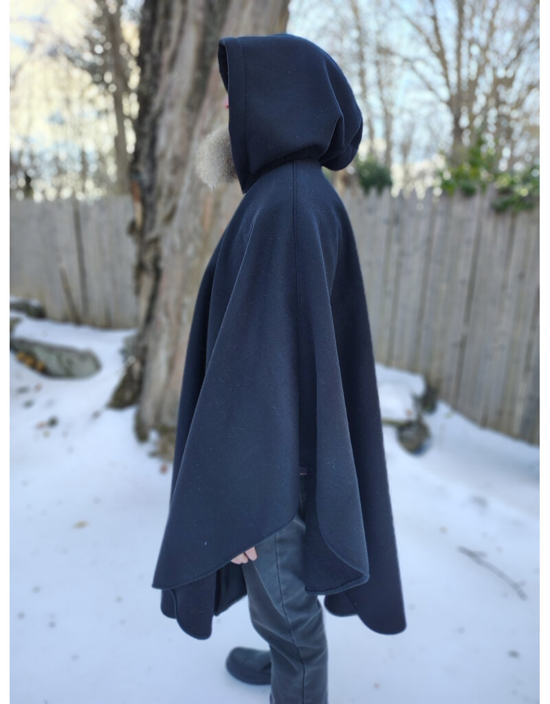 Cloakmakers.com 5902-Black Wool Blend Ruana Cloak w/ Black Velvet Hood Lining & Triple Medallion Clasp