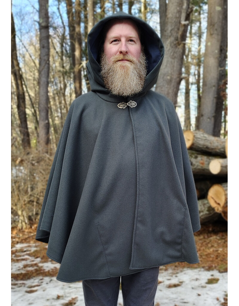 Cloakmakers.com 5903-Grey Ruana Cloak w/ Blue Velvet Hood Lining & Gothic Rose Clasp plus Pockets
