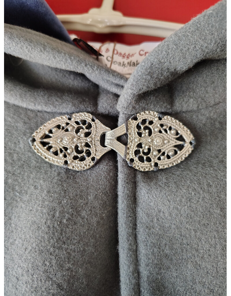 Cloakmakers.com 5903-Grey Ruana Cloak w/ Blue Velvet Hood Lining & Gothic Rose Clasp plus Pockets