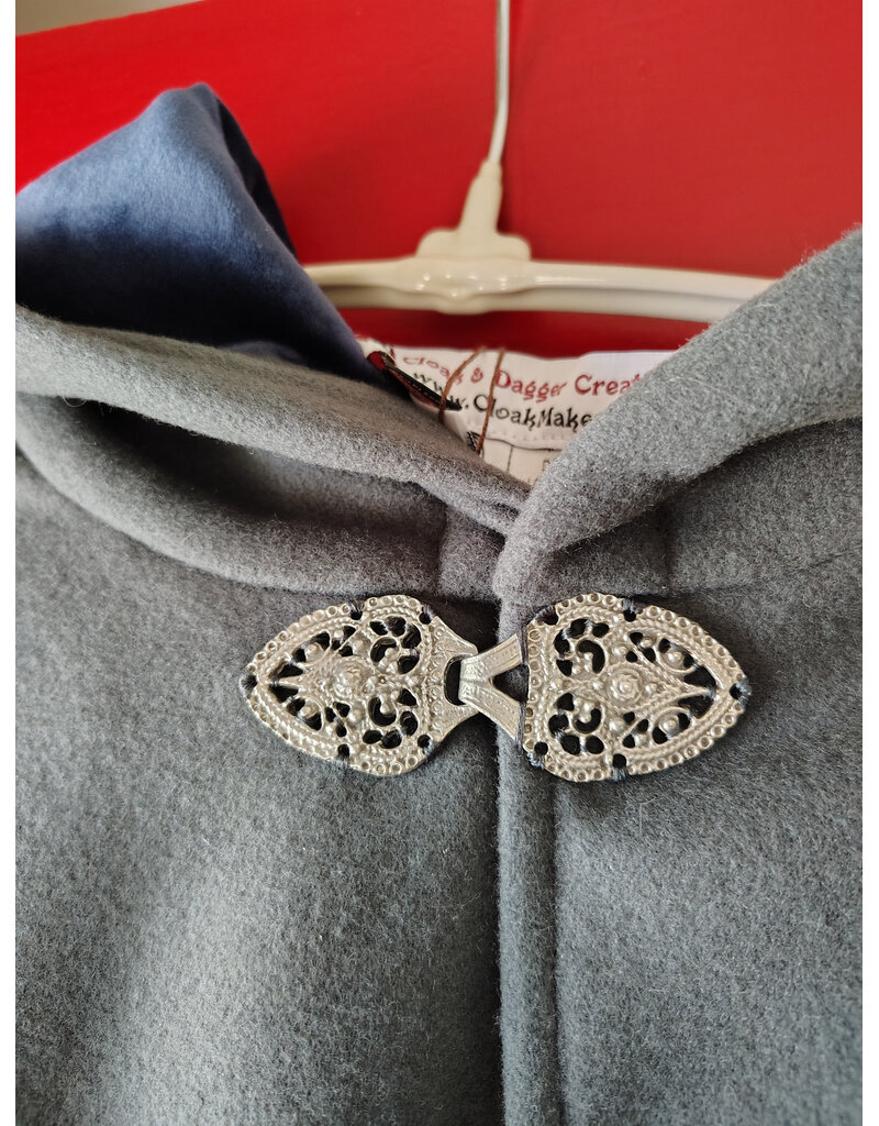 Cloakmakers.com 5903-Grey Ruana Cloak w/ Blue Velvet Hood Lining & Gothic Rose Clasp plus Pockets