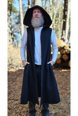 Cloakmakers.com J911-Washable Black Woven Wool Hooded Vest w/ Black Velvet Hood Lining & Four Pockets