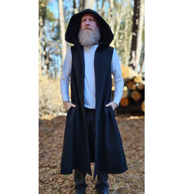 Cloakmakers.com J911-Washable Black Woven Wool Hooded Vest w/ Black Velvet Hood Lining & Four Pockets