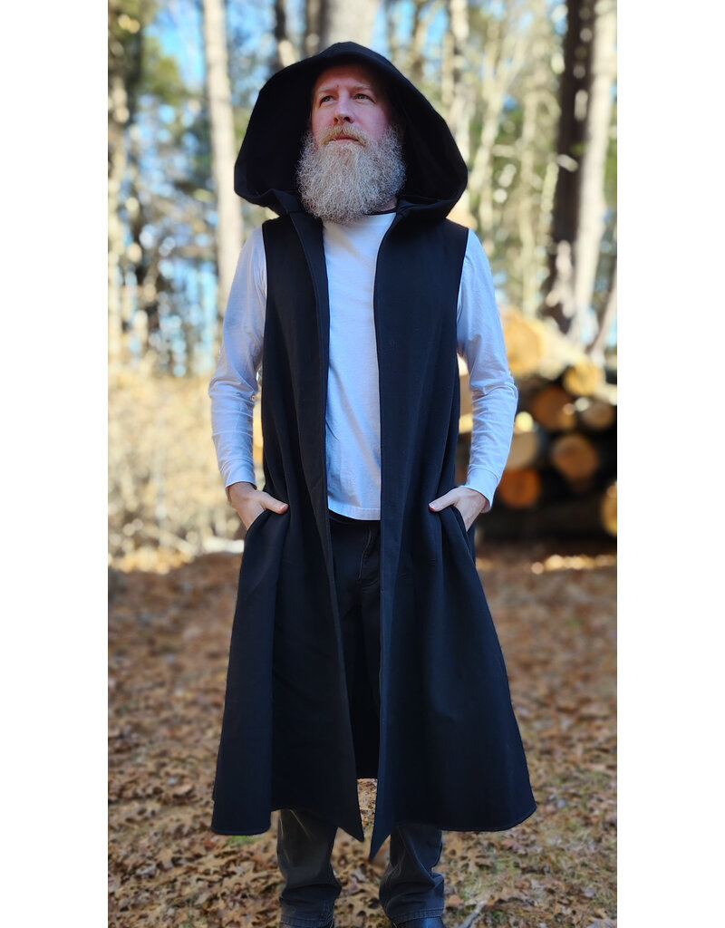 Cloakmakers.com J911-Washable Black Woven Wool Hooded Vest w/ Black Velvet Hood Lining & Four Pockets