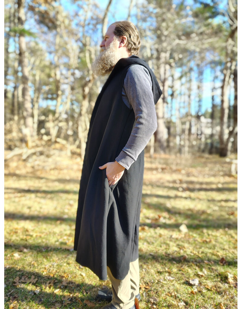 Cloakmakers.com J911-Washable Black Woven Wool Hooded Vest w/ Black Velvet Hood Lining & Four Pockets