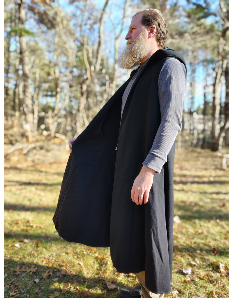 Cloakmakers.com J911-Washable Black Woven Wool Hooded Vest w/ Black Velvet Hood Lining & Four Pockets