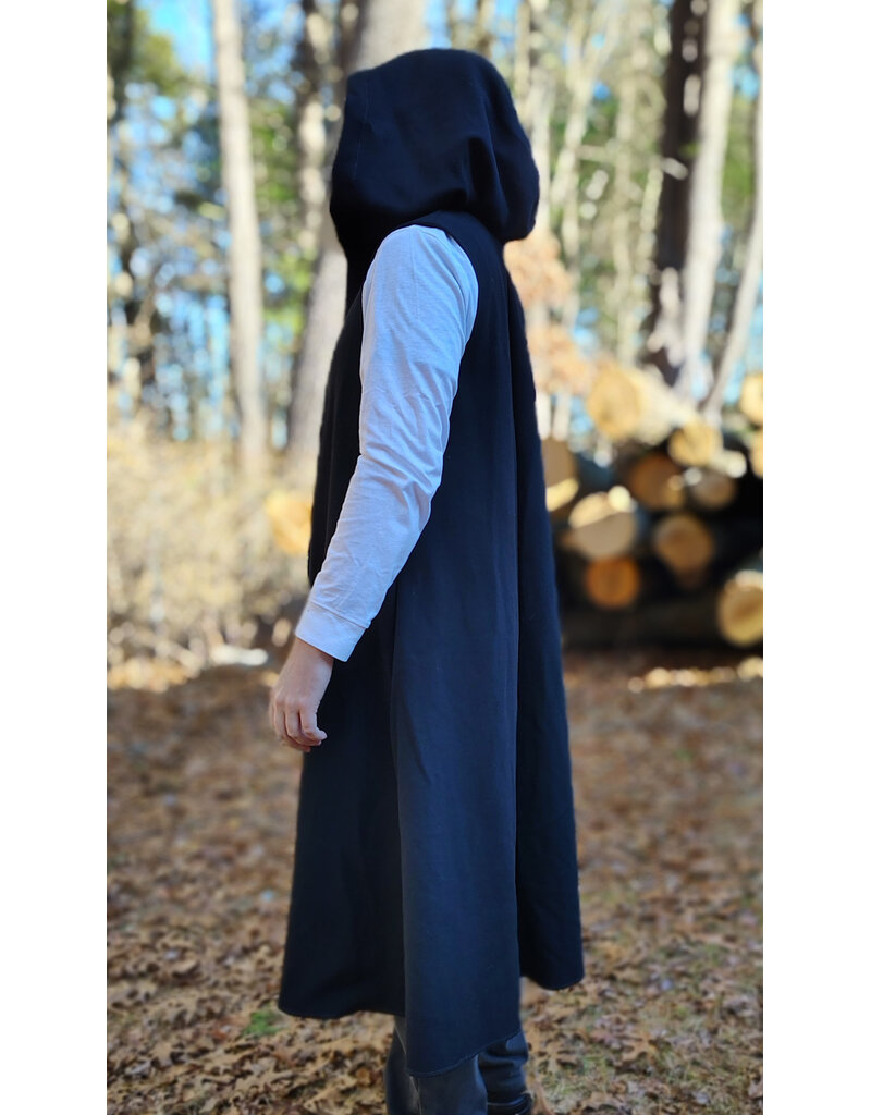 Cloakmakers.com J911-Washable Black Woven Wool Hooded Vest w/ Black Velvet Hood Lining & Four Pockets