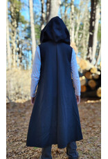 Cloakmakers.com J911-Washable Black Woven Wool Hooded Vest w/ Black Velvet Hood Lining & Four Pockets