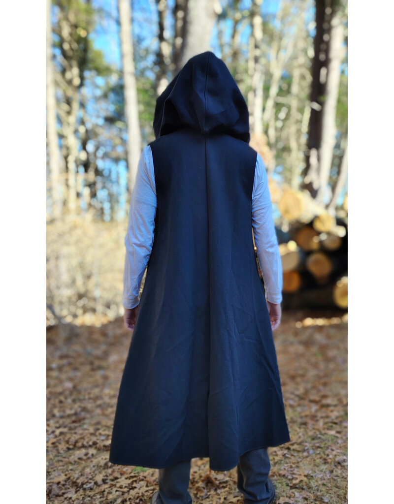 Cloakmakers.com J911-Washable Black Woven Wool Hooded Vest w/ Black Velvet Hood Lining & Four Pockets