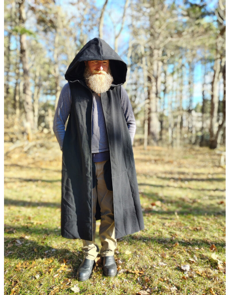 Cloakmakers.com J911-Washable Black Woven Wool Hooded Vest w/ Black Velvet Hood Lining & Four Pockets