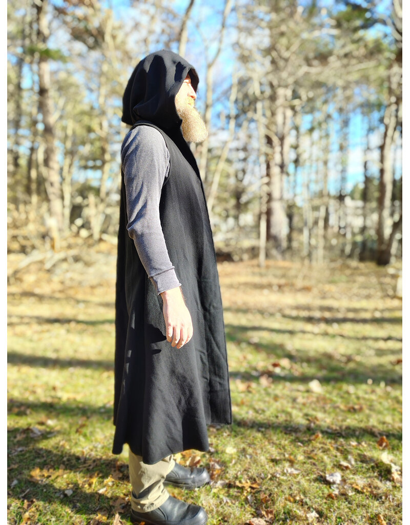 Cloakmakers.com J911-Washable Black Woven Wool Hooded Vest w/ Black Velvet Hood Lining & Four Pockets
