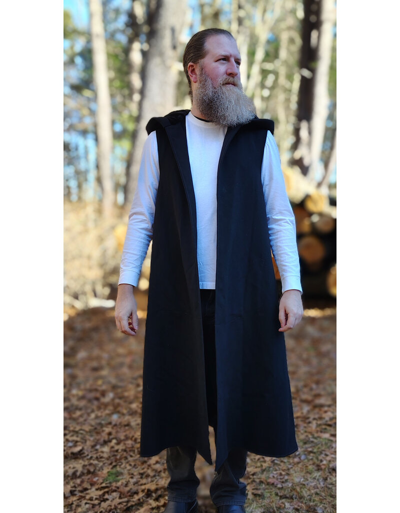 Cloakmakers.com J911-Washable Black Woven Wool Hooded Vest w/ Black Velvet Hood Lining & Four Pockets