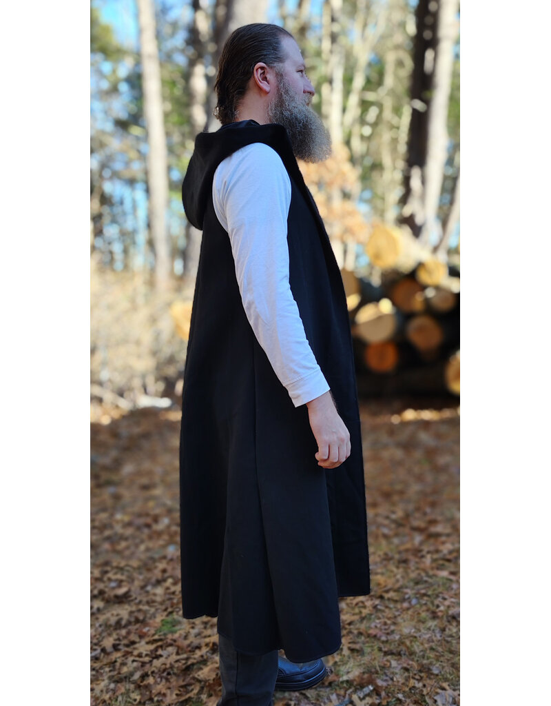 Cloakmakers.com J911-Washable Black Woven Wool Hooded Vest w/ Black Velvet Hood Lining & Four Pockets