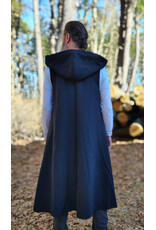 Cloakmakers.com J911-Washable Black Woven Wool Hooded Vest w/ Black Velvet Hood Lining & Four Pockets