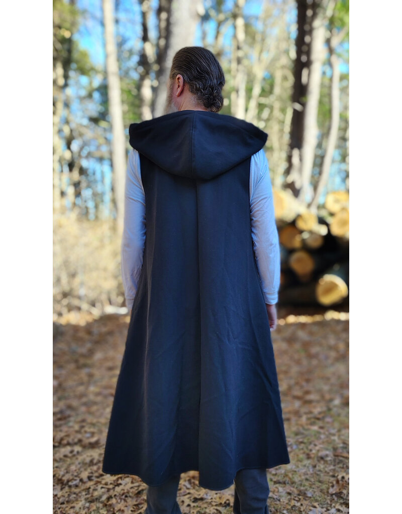 Cloakmakers.com J911-Washable Black Woven Wool Hooded Vest w/ Black Velvet Hood Lining & Four Pockets