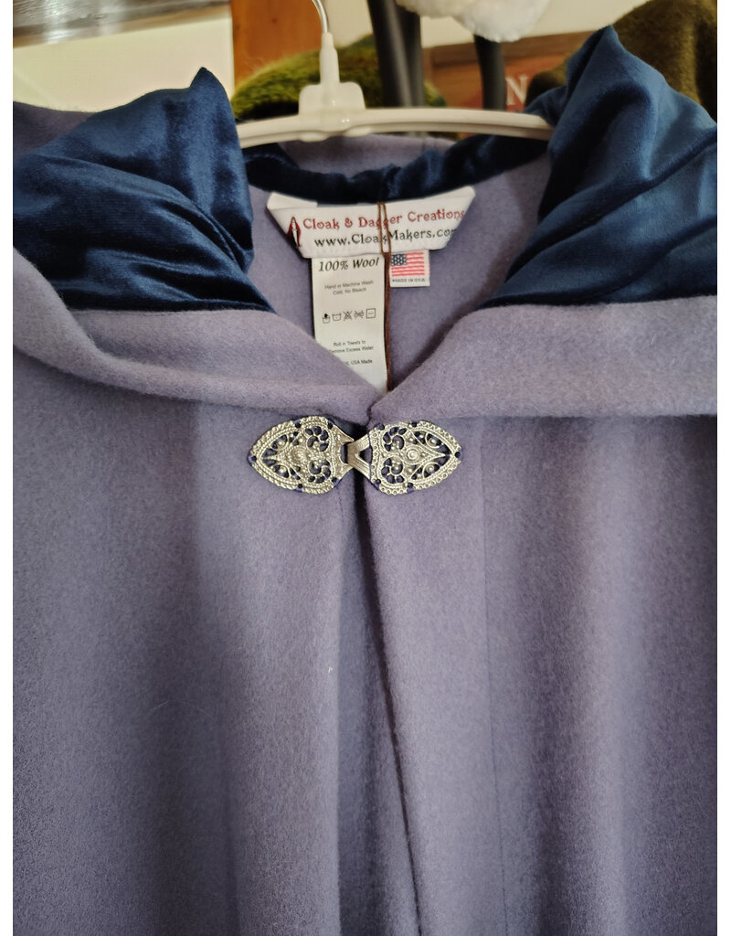 Cloakmakers.com 5905-Washable Lavender Wool Cloak w/ Blue Velvet Hood Lining & Gothic Rose Clasp