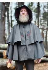 Cloakmakers.com 5906-Grey Double Layer Wool Blend Cloak w/ Raven Embroidery & Maroon Hood Lining & Pockets