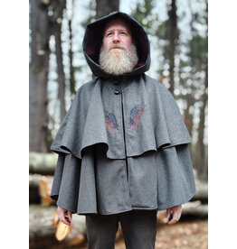 Cloakmakers.com 5906-Grey Double Layer Wool Blend Cloak w/ Raven Embroidery & Maroon Hood Lining & Pockets